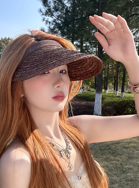 拉菲草空顶帽子女夏季简约海边度假手工编织草帽遮阳防晒帽太阳帽