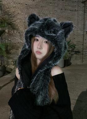 禁欲系暗黑系毛绒帽子围巾一体女冬季保暖狐狸耳朵护耳雷锋帽加厚