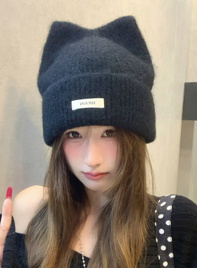 猫耳朵针织帽女冬季日系甜美可爱卡通毛线帽简约纯色防寒护耳帽子