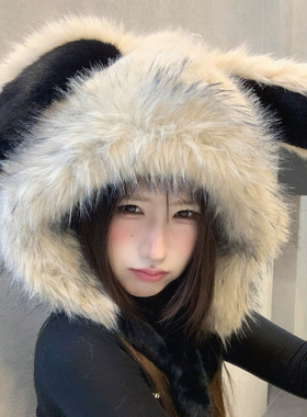 可爱兔耳朵毛绒帽女冬季护耳保暖帽加厚加绒防寒雷锋帽百搭护耳帽