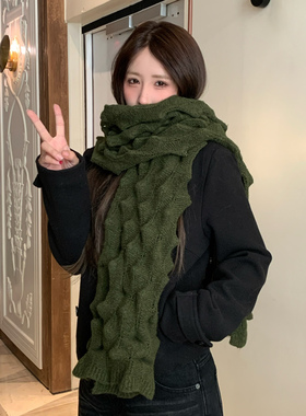 小众设计师款墨绿色羊毛混纺围巾女秋冬氛围感保暖围脖高级感披肩