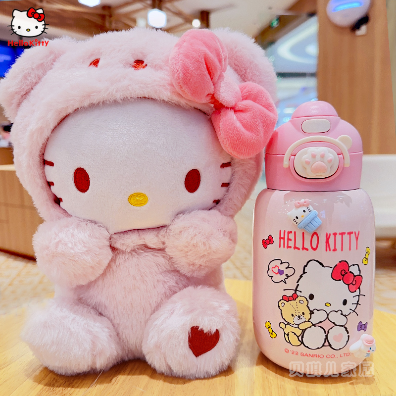 hello kitty可爱网红毛绒公仔双盖保温杯凯蒂猫礼物礼品学生水杯-图0