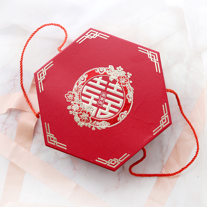 红色烫金喜字六角盒手拎盒婚礼伴手礼回礼盒零食饮料喜糖礼盒 - 图1