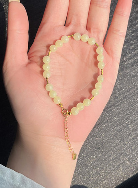 慕溪源和田玉黄玉6mm珠子古法银竹节直管多宝手链玉石手串女款