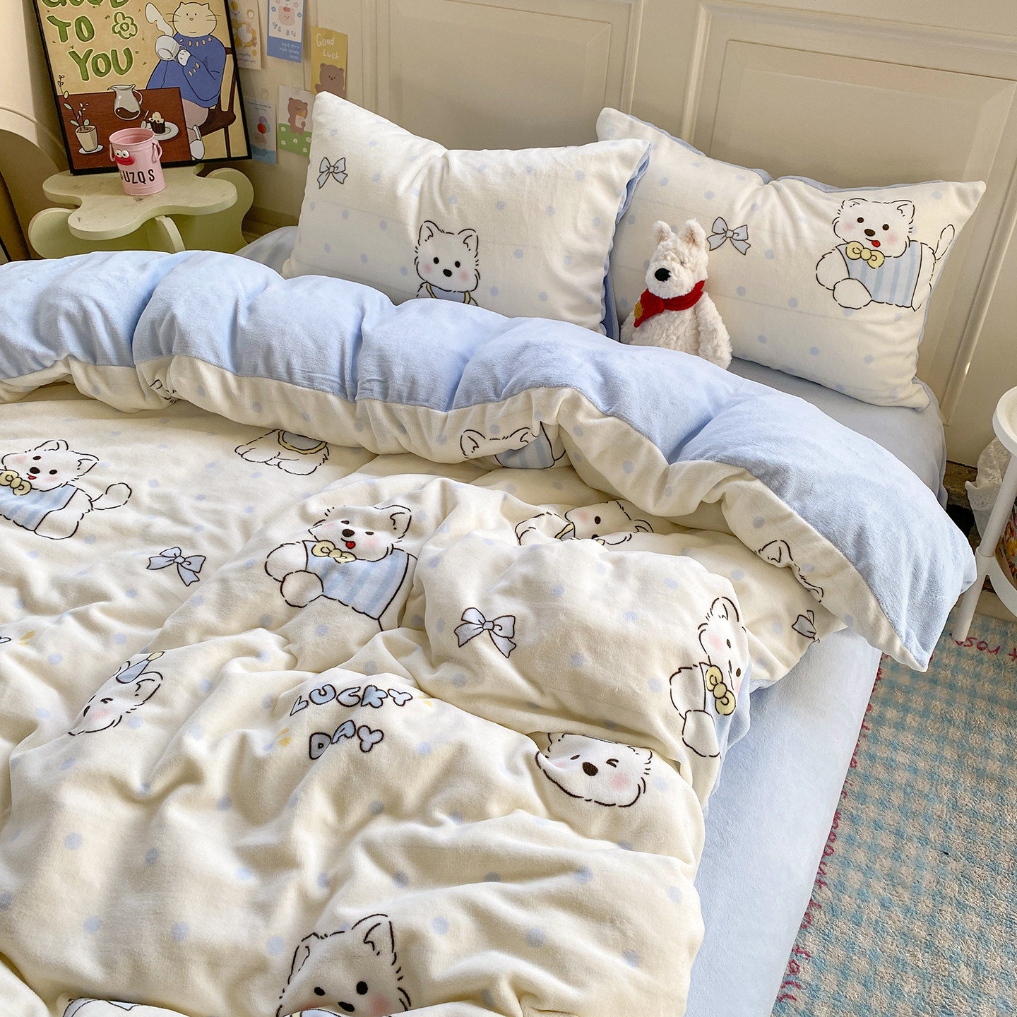 双面牛奶绒四件套2025新款珊瑚绒被套床单宿舍床上三件套冬季床品