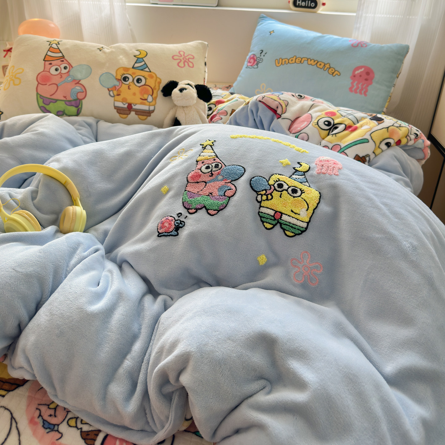 可爱海绵宝宝四件套牛奶绒冬季加厚保暖珊瑚绒被套宿舍床上三件套,淘宝优惠券,粉丝福利购,淘宝优惠卷