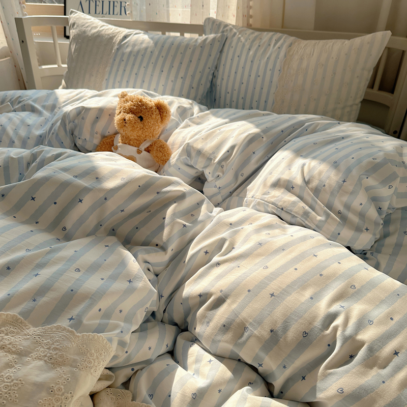 韩系蕾丝花边双层纱四件套非全纯棉被套床单女学生宿舍床上三件套 - 图3