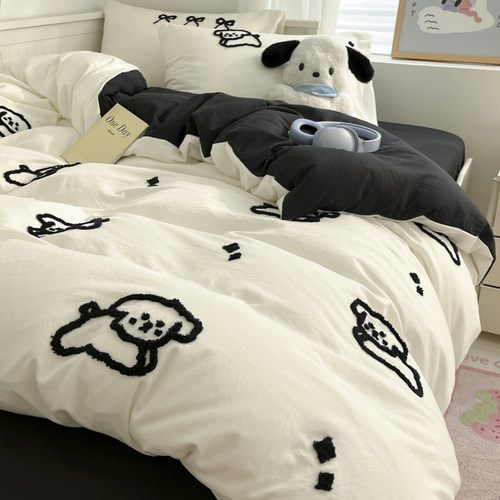 ins线条小狗四件套卡通被套床单人宿舍三件套非全棉纯棉床上用品4 - 图3
