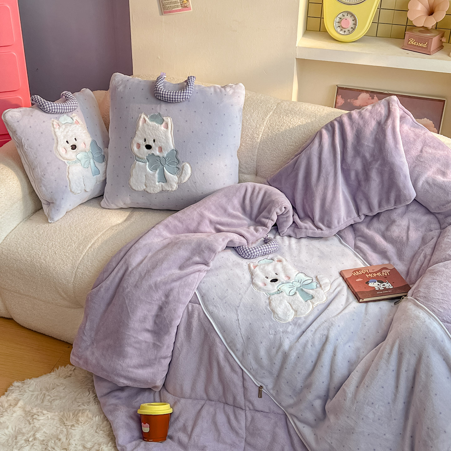 卡通牛奶绒抱枕毛毯被子加厚二合一可折叠车载靠枕办公室午睡毯子