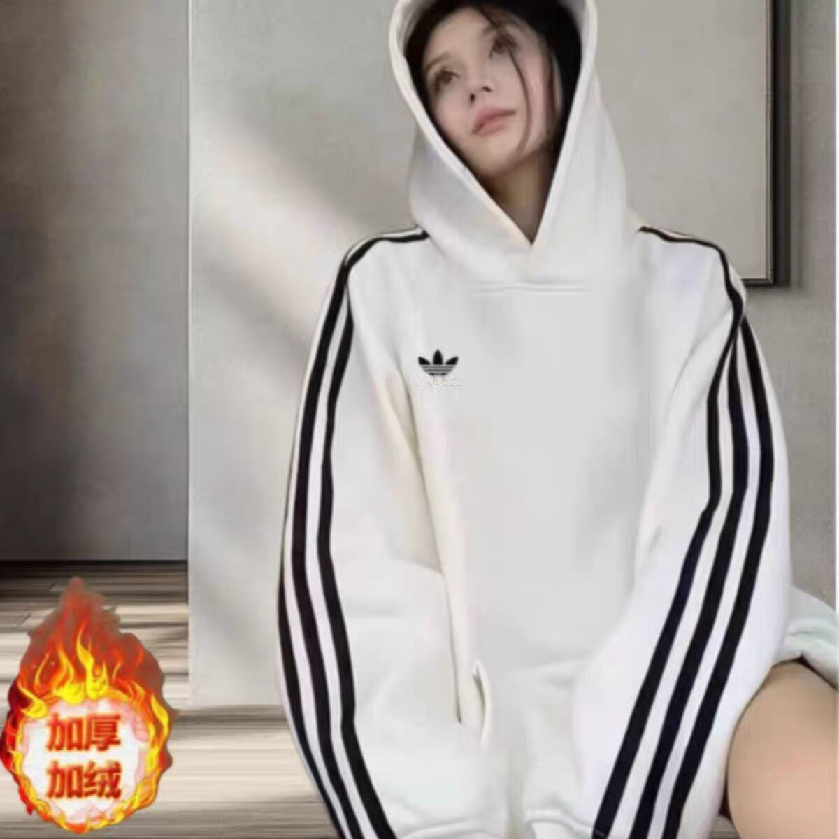 品牌折扣丨连帽套头衫卫衣女三条杠美式长袖上衣男情侣打底衫条纹,淘宝优惠券,粉丝福利购,淘宝优惠卷