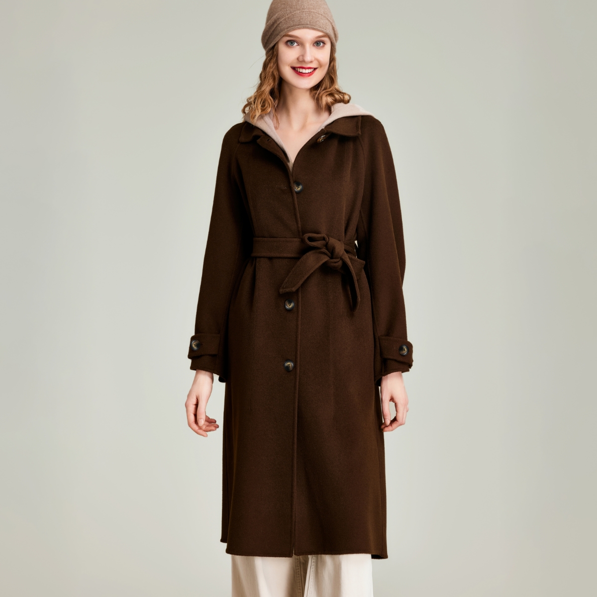 HAVVA2023冬季新款呢子大衣女气质连帽100%绵羊毛双面呢外套N1247