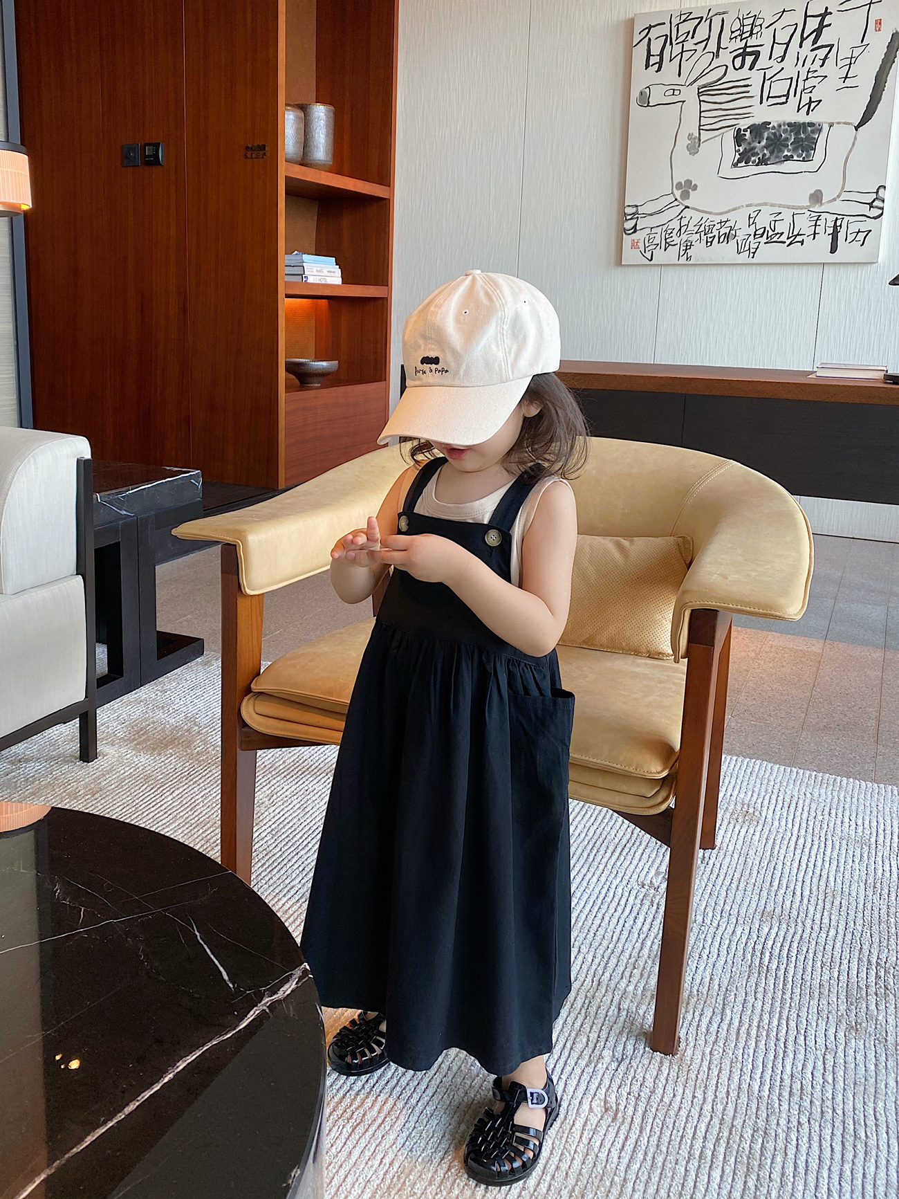 YUSONG◆2024夏装新款洋气女儿童装日系黑色吊带背带裙连衣裙长款 - 图0