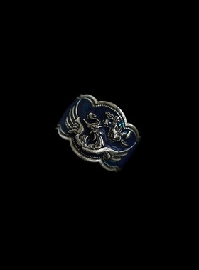 复古银蓝珐琅牡丹活口戒指