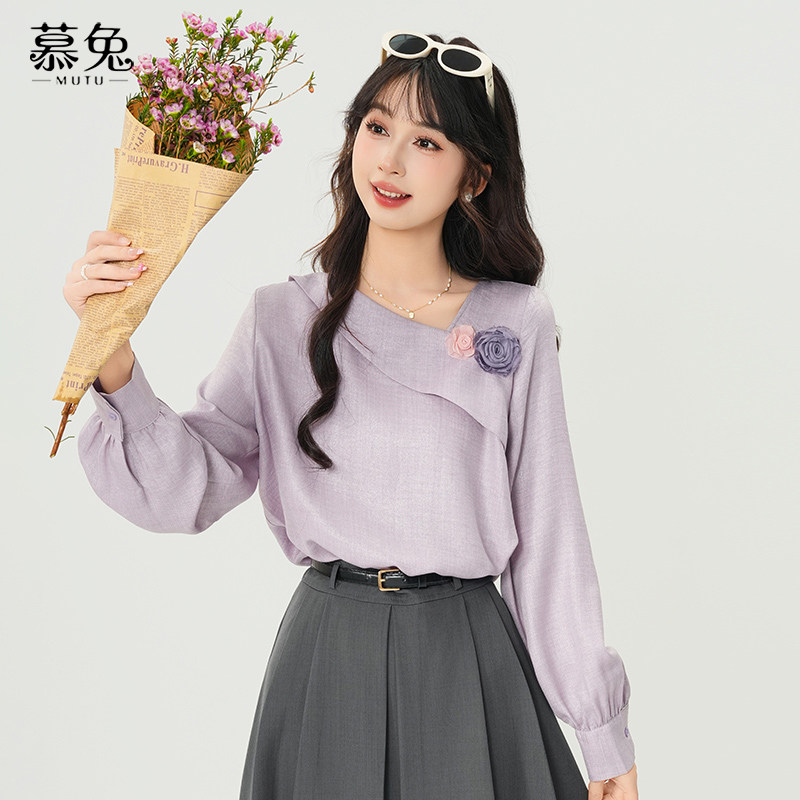 慕兔法式气质立体花朵长袖衬衫女2025新款秋季设计感小众斜领上衣,淘宝优惠券,粉丝福利购,淘宝优惠卷