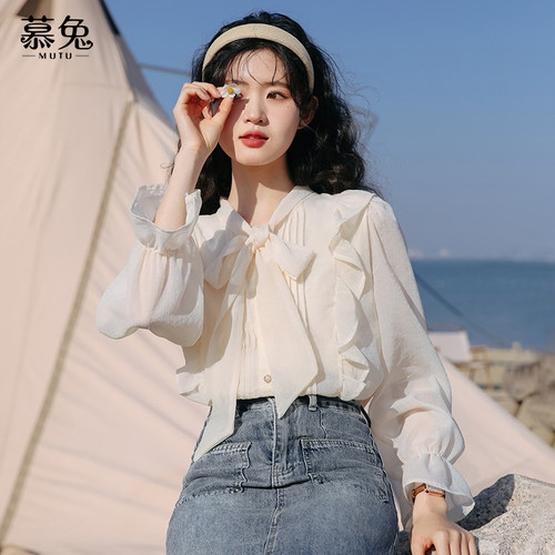 慕兔法式高级感雪纺上衣女2025秋季新款设计感小众长袖蝴蝶结衬衫 - 图0