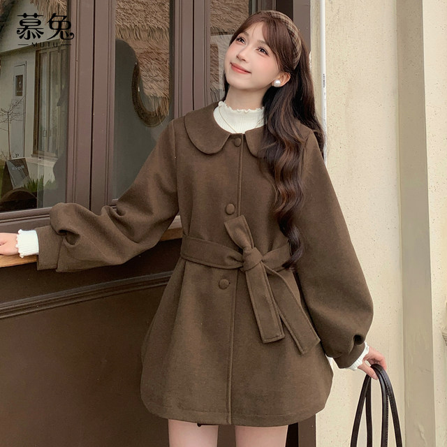 慕兔小香风娃娃领毛呢外套女2025冬季新款小个子收腰系带呢子大衣