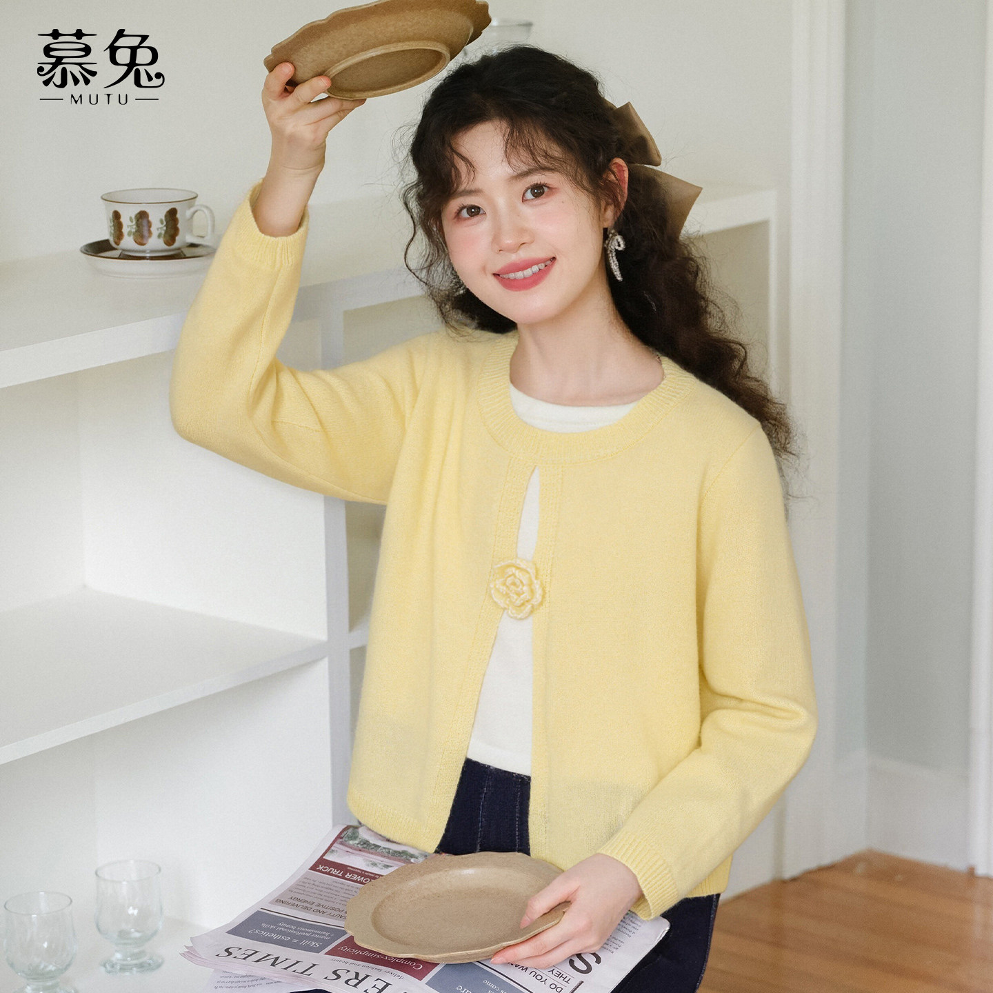 慕兔甜美拼接假两件针织衫女2025冬季新款小个子立体花朵长袖上衣,淘宝优惠券,粉丝福利购,淘宝优惠卷