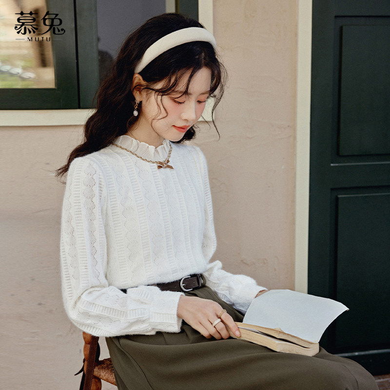 慕兔半高领蝴蝶结蕾丝衫上衣女秋冬2025新款法式小香风内搭打底衫,淘宝优惠券,粉丝福利购,淘宝优惠卷