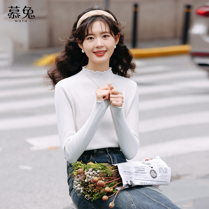 慕兔木耳边半高领针织上衣女2026春季新款黑色修身显瘦内搭打底衫,淘宝优惠券,粉丝福利购,淘宝优惠卷