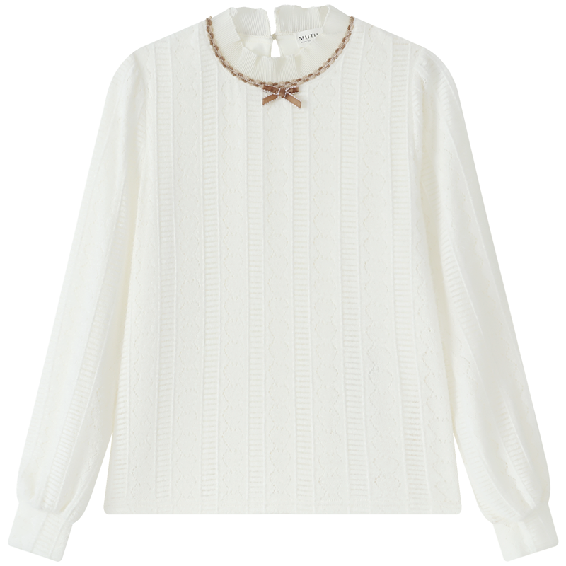 慕兔半高领蝴蝶结蕾丝衫上衣女秋冬2025新款法式小香风内搭打底衫,淘宝优惠券,粉丝福利购,淘宝优惠卷