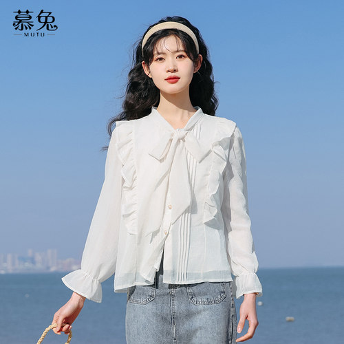 慕兔法式高级感雪纺上衣女2025秋季新款设计感小众长袖蝴蝶结衬衫 - 图2
