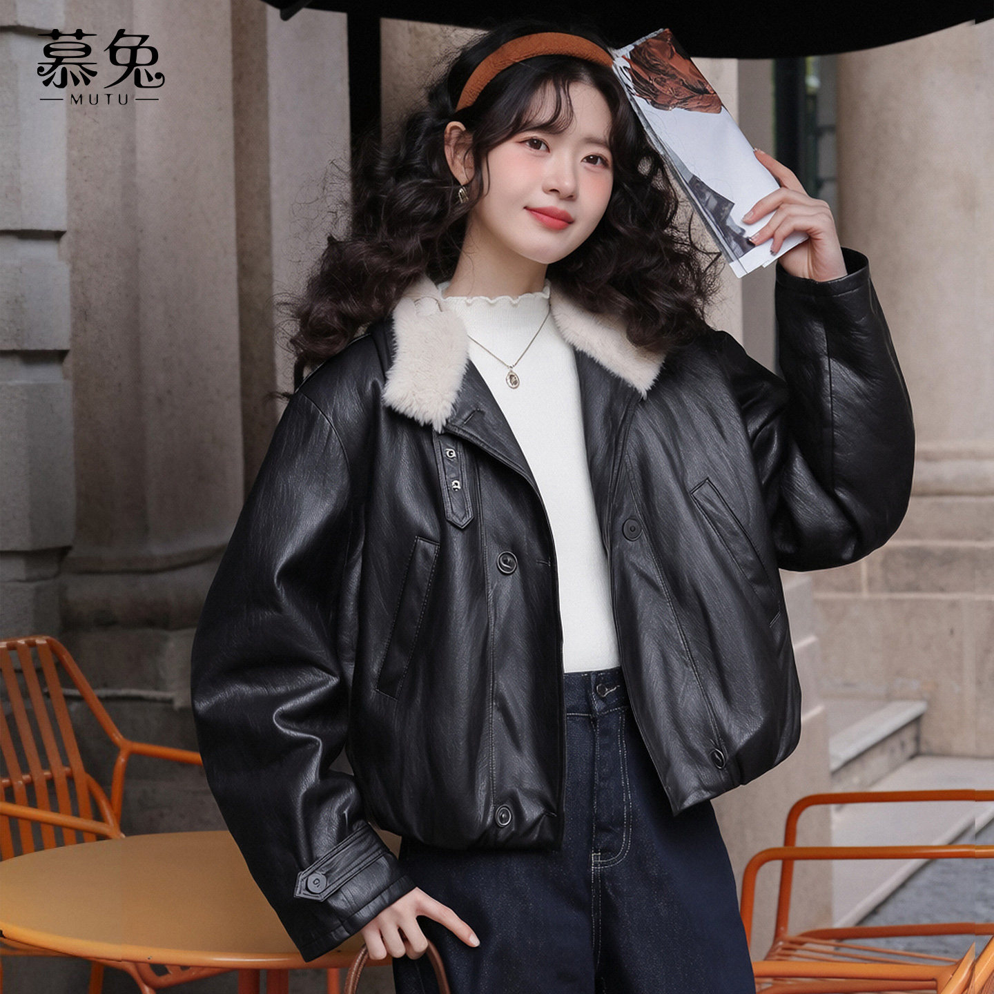 慕兔复古加绒PU皮衣外套女2025冬季新款小个子加厚机车服夹克上衣,淘宝优惠券,粉丝福利购,淘宝优惠卷