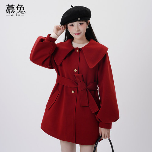 慕兔韩系娃娃领毛呢外套女2025新款冬季小个子中长款收腰呢子大衣 - 图1