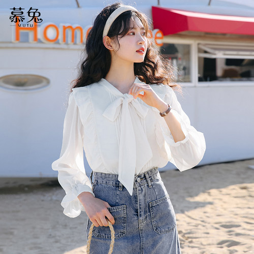慕兔法式高级感雪纺上衣女2025秋季新款设计感小众长袖蝴蝶结衬衫 - 图1