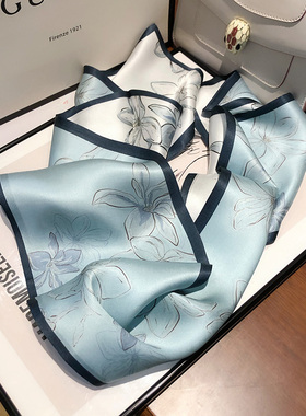 淡蓝色100%真丝丝巾女春秋小长条