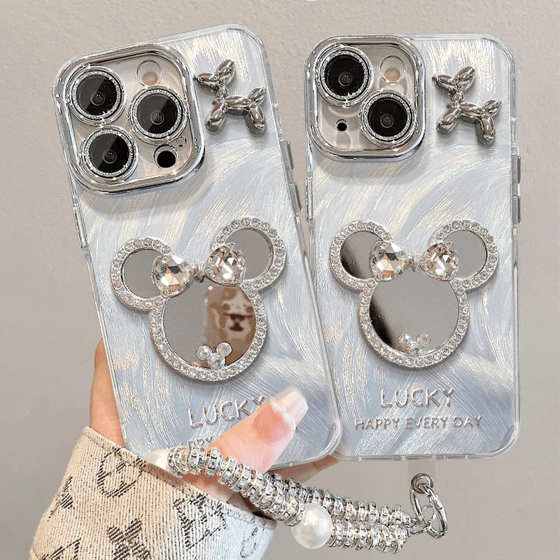精孔羽纱钻石米奇适用苹果15proamx手机壳华为mate60pro新Pura70女款OPPOReno12高级感VIVOS19全包小米14镜子