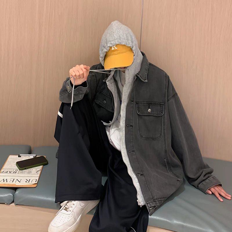 假两件牛仔外套男秋冬季新款宽松工装夹克ins潮流连帽休闲上衣服,淘宝优惠券,粉丝福利购,淘宝优惠卷