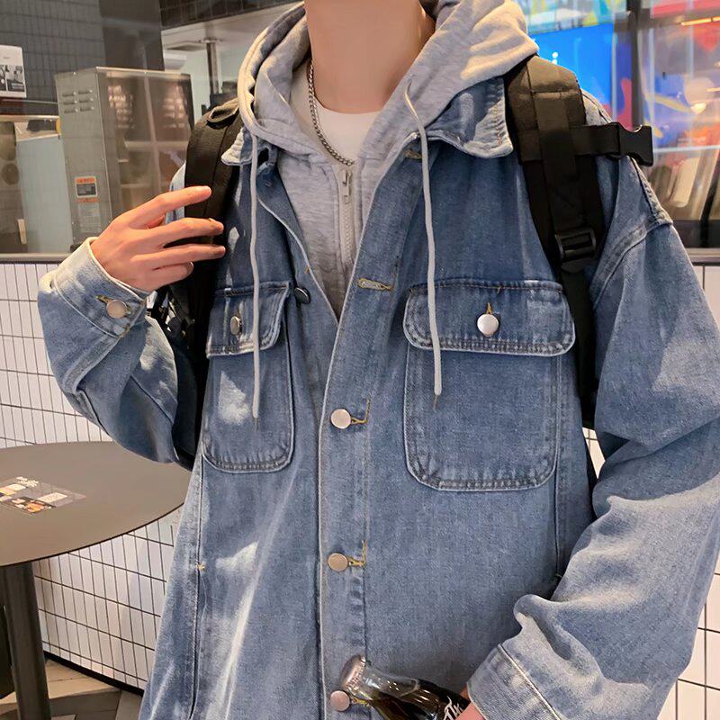 假两件牛仔外套男秋冬季新款宽松工装夹克ins潮流连帽休闲上衣服,淘宝优惠券,粉丝福利购,淘宝优惠卷