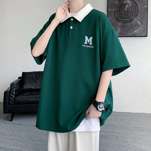 刺绣短袖polo衫男夏季潮牌2026新款撞色翻领T恤薄款宽松休闲上衣 - 图1
