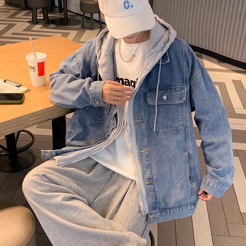 假两件牛仔外套男秋冬季新款宽松工装夹克ins潮流连帽休闲上衣服,淘宝优惠券,粉丝福利购,淘宝优惠卷