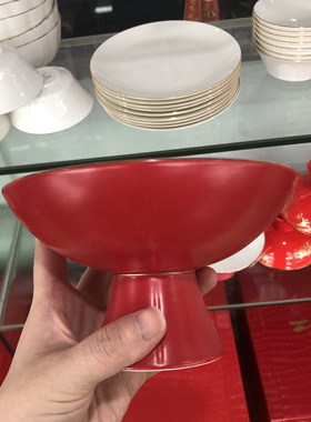 女方陪嫁莲子碗 高脚碗红碗过年温州摆盘年夜饭碗大红色哑光雾面