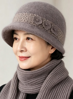 秋冬中老年女加绒保暖针织盆帽