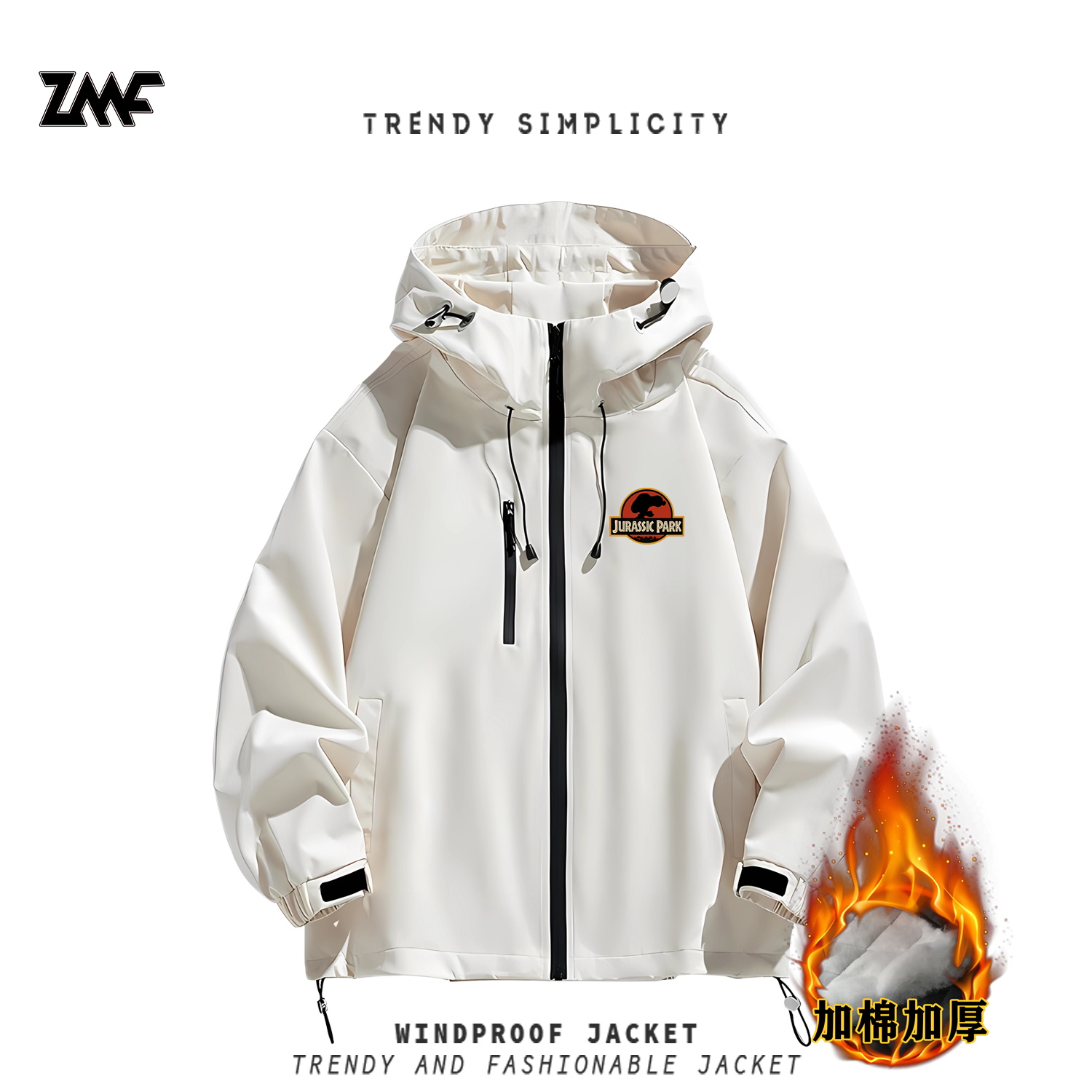 侏罗纪史努比公园霸王龙联名恐龙夹克防风加棉加厚潮外套冲锋衣男 - 图3