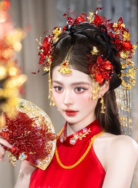 金红色新娘新中式头饰眉心额饰蕾丝花朵发簪秀禾旗袍龙凤褂发饰
