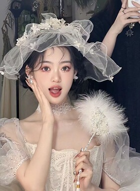白色花朵新娘头饰花环帽纱遮面