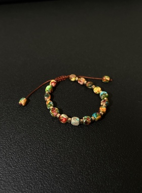 小心袖口 Vintage中古原创彩绘石编织手串可调节手链民族风配饰