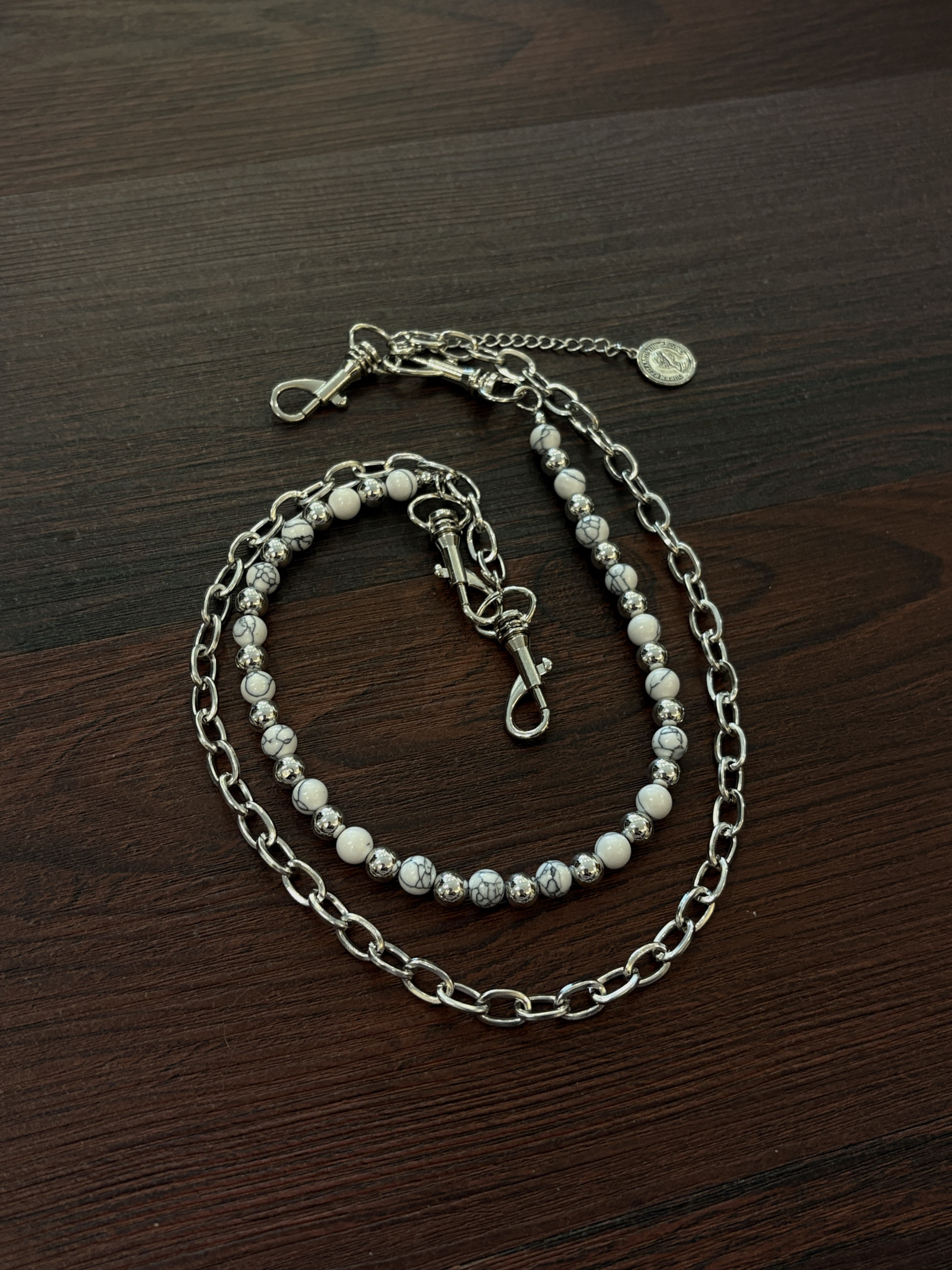 小心袖口 Vintage中古做旧白松石银珠裤链小众设计朋克摇滚配饰