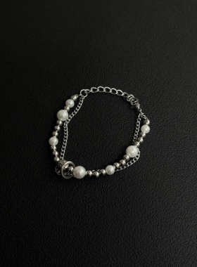 小心袖口 Vintage中古珍珠拼接金属手链原创小众朋克男女手饰配饰