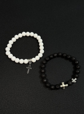【拍一发二】vintage中古黑白十字架手链复古小众简约情侣配饰