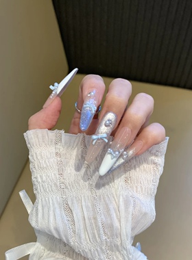 【告白蓝】手工穿戴甲甜欲蓝色系清透星河猫眼蝴蝶结珍珠甜美美甲