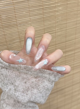 【青蓝冰水】纯手工穿戴甲冰川蓝色猫眼星星波点显白温柔高级美甲
