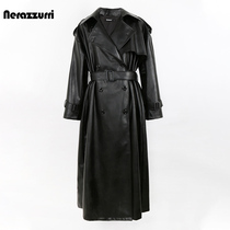 nerazzurri black Oversize leather windjersey woman long style belt double-row buckle loose pu leather jacket