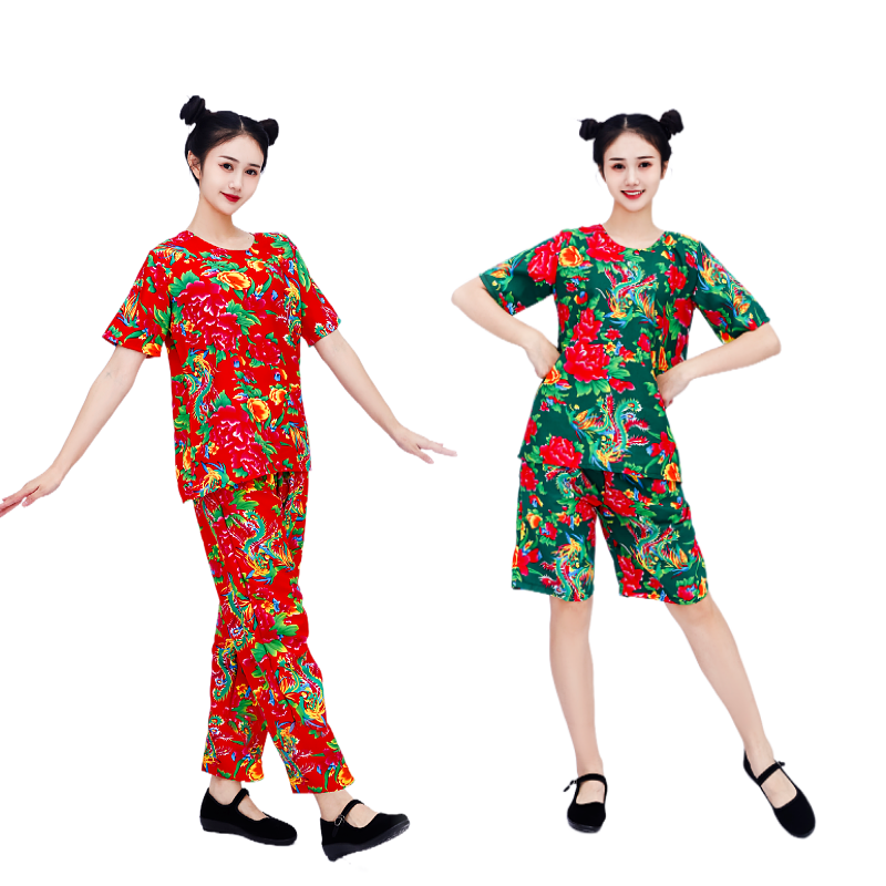 东北大花布衣服夏伴娘网红同款短袖套装二人转演出服男女花布裤子 - 图0
