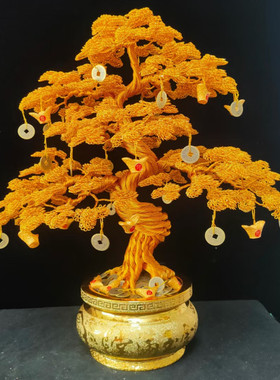 编织摇钱树串珠孔雀摆件工艺品