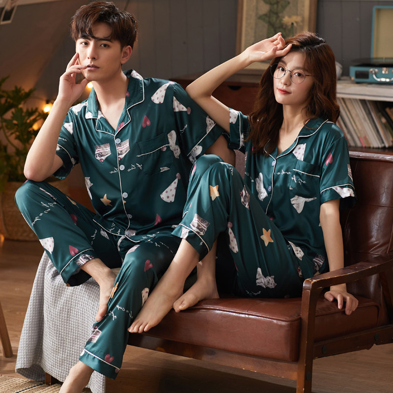 2套价情侣夏季冰丝短袖男女睡衣 梦莱婷睡衣/家居服套装