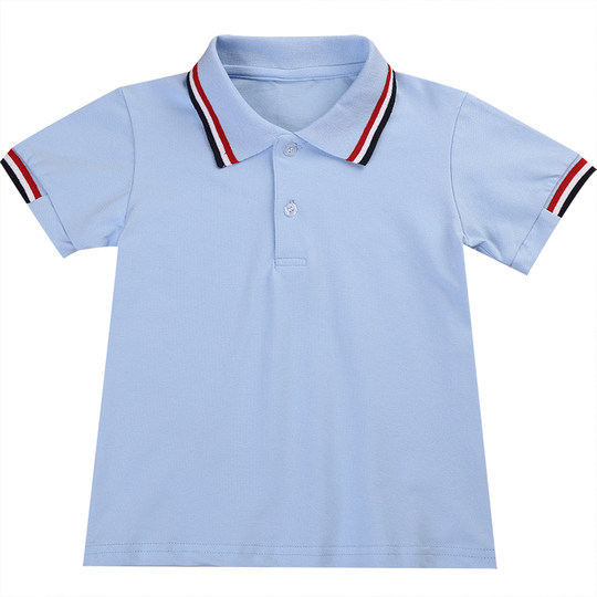 Children's short-sleeved T-shirt primary and secondary school uniforms boys and girls summer clothes POLO shirt blue children pure cotton college garden clothes
